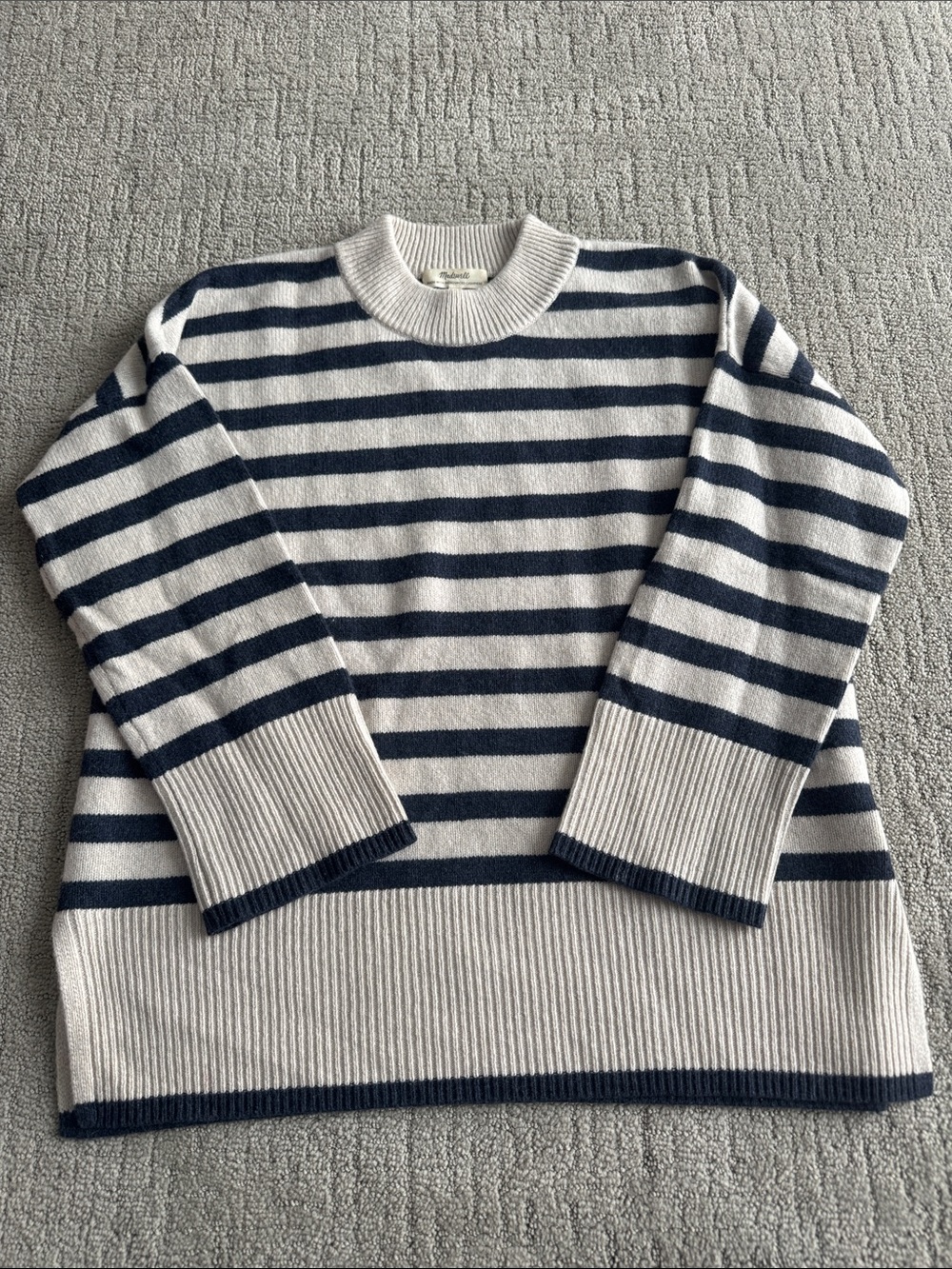 Madewell Striped Mockneck Recycled Cashmere Sweater in Cream and Navy